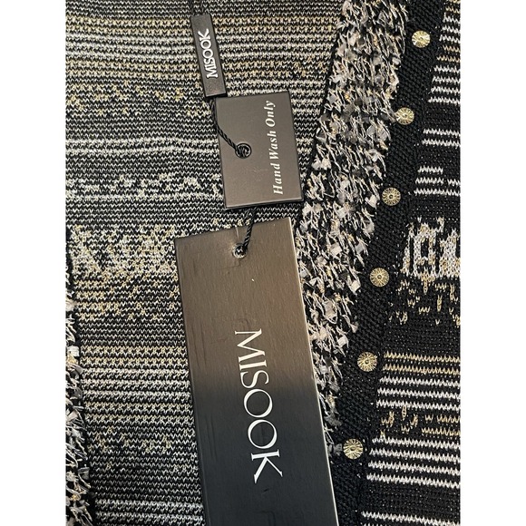 NWT Misook Women's Black Gold Silver Metallic Geometric Long Knit Cardigan XL - Picture 3 of 12